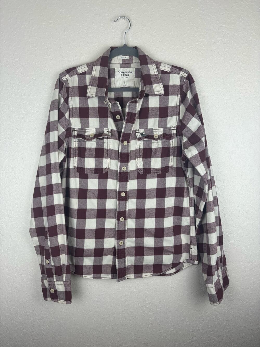 Abercrombie & Fitch Plaid Flannel Shirt Burgundy White Muscle Fit Large
